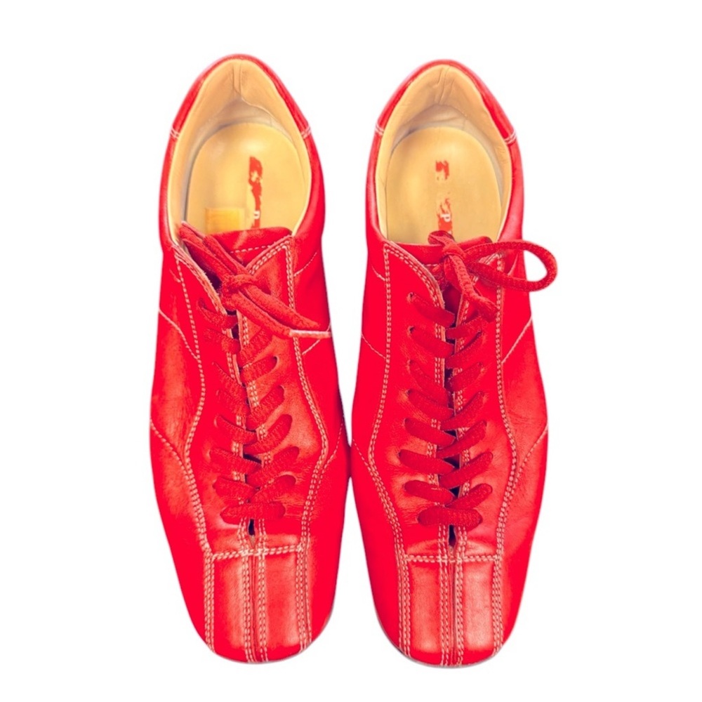 Prada Vintage Red Leather Sneakers Women's Size 8 Lace-Up Low Top Logo Sole GUC - Picture 4 of 8
